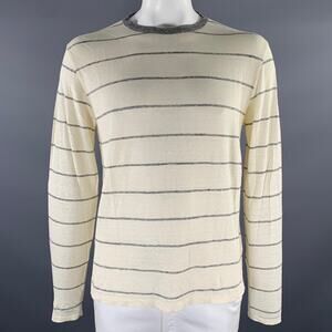 OFFICINE GENERALE Size L Cream Grey Stripe Linen Blend Lightweight Pullover